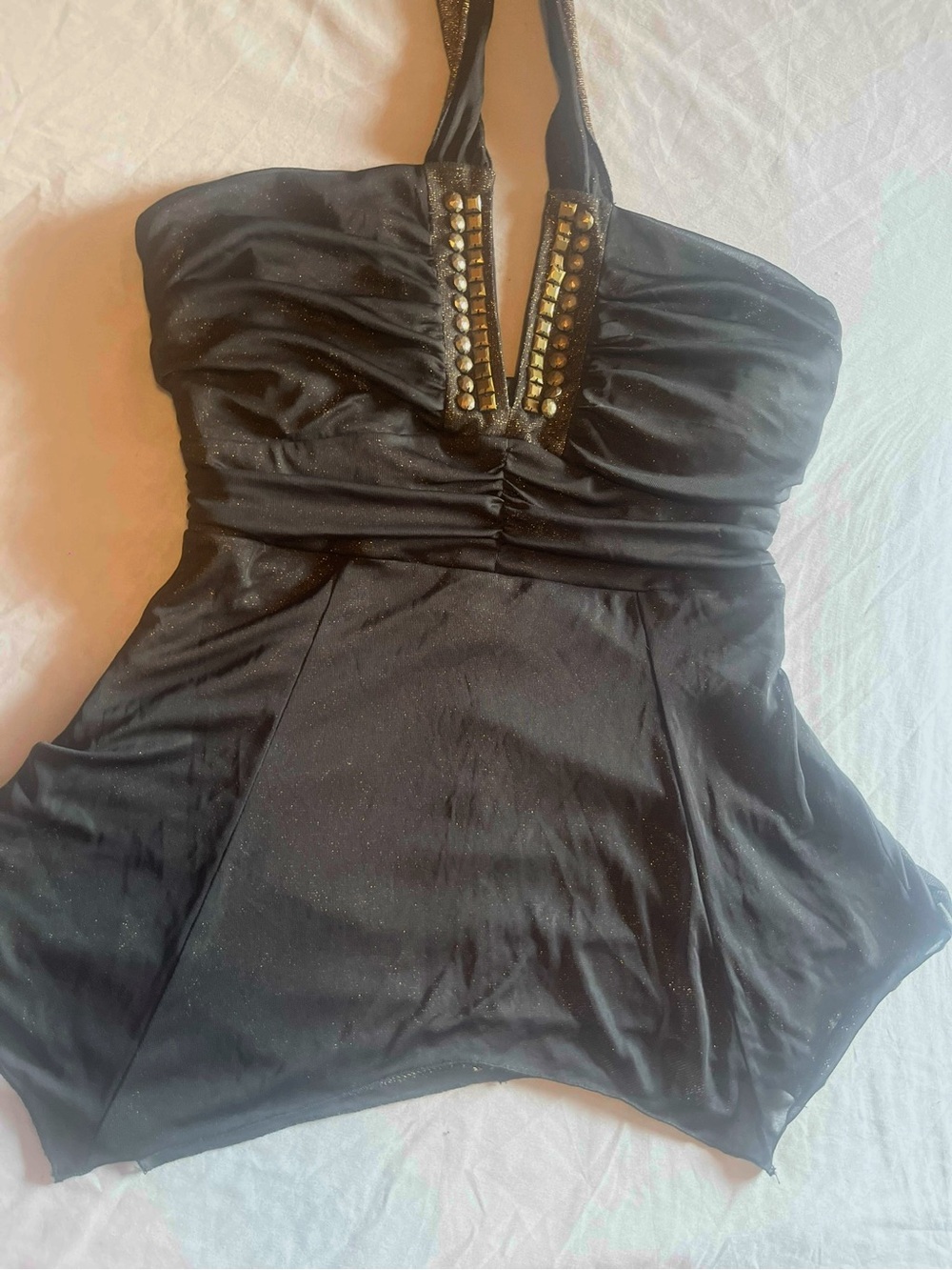 Le Chateau Size L Y2K Black Strapless Halter Top with Gold Accents, Vacation Top